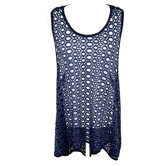 Comfy USA Navy Blue Crocheted Hi-Lo Overlay Stretchy Topper Cover Up Tank Top - Picture 1 of 6